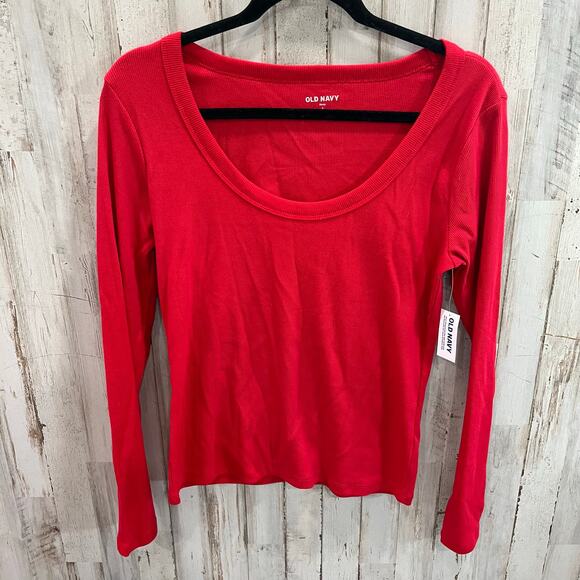 New! Old Navy Red Ribbed Scoop Neck Long Sleeve Snug Fit Shirt Womens Large - Picture 1 of 6